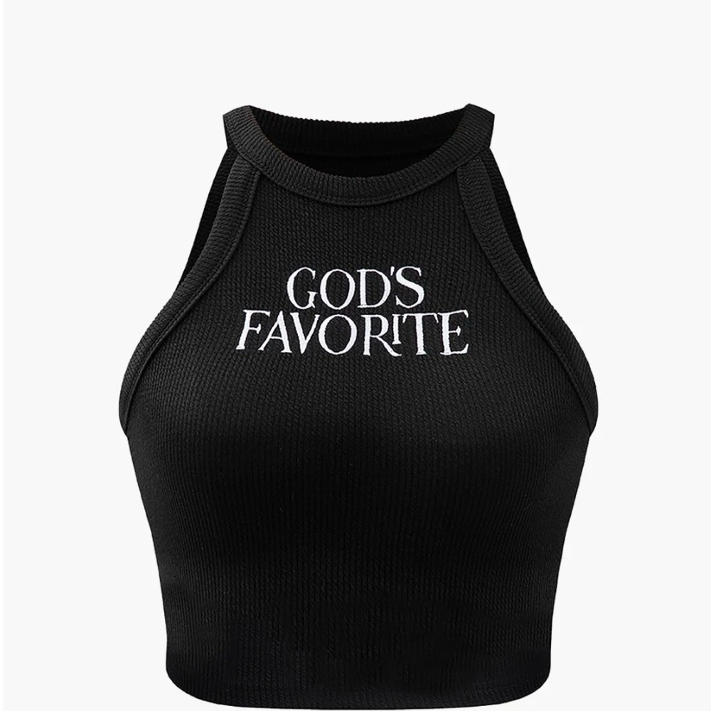 God's Favorite Black Ribbed Halter Crop Top - Graphic Front
